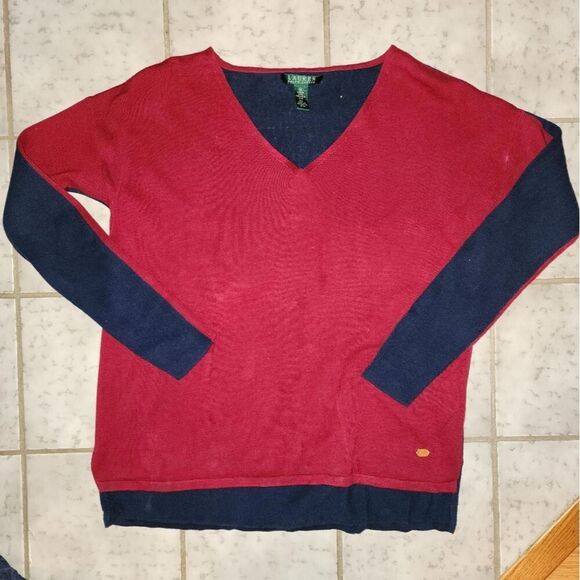Lauren Ralph Lauren women's linen blend Red Navy Sweater sz M preppy y2k beach - Picture 1 of 9